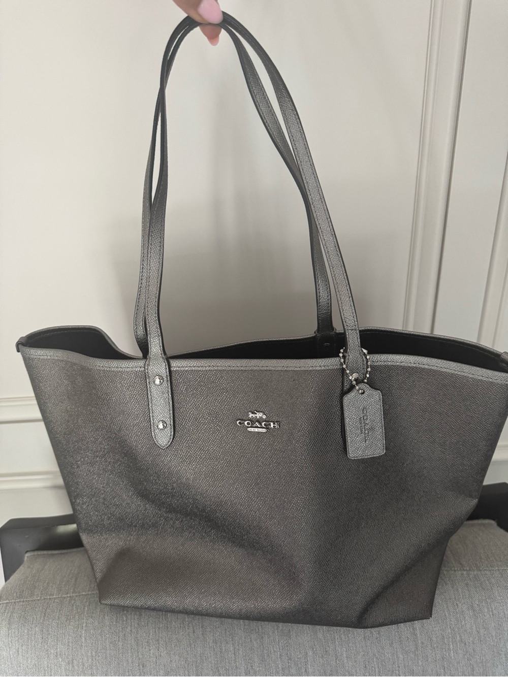 Coach Metallic Black Tote with Leather Straps